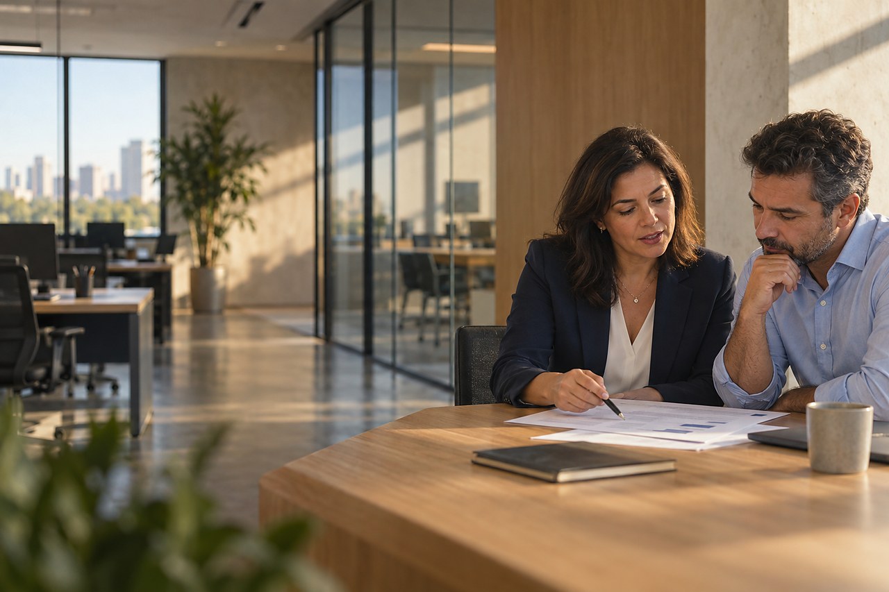 Imagem ilustrativa gerada por IA: contadora e empresário conferem um relatório impresso na mesa de um escritório contábil claro, com a equipe ao fundo.
